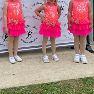 Girls Sparkle Sequin Pink & Coral Dance Costume with Bows